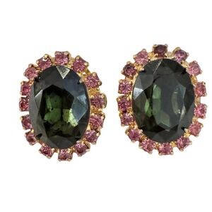 Vintage Gold Tone Green Pink Rhinestone Oval Halo Clip On Statement Earrings